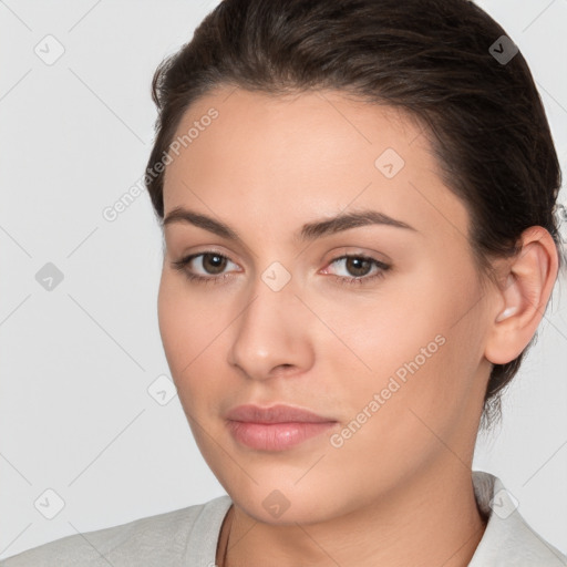 Neutral white young-adult female with short  brown hair and brown eyes