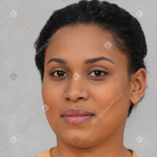 Joyful latino young-adult female with short  brown hair and brown eyes