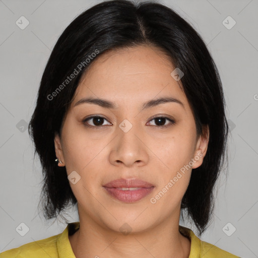 Joyful asian young-adult female with medium  brown hair and brown eyes