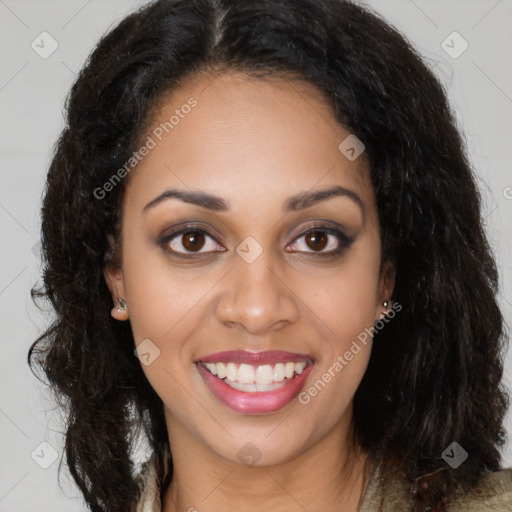 Joyful latino young-adult female with long  brown hair and brown eyes