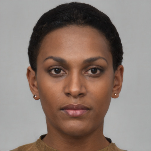Neutral black young-adult female with short  black hair and brown eyes