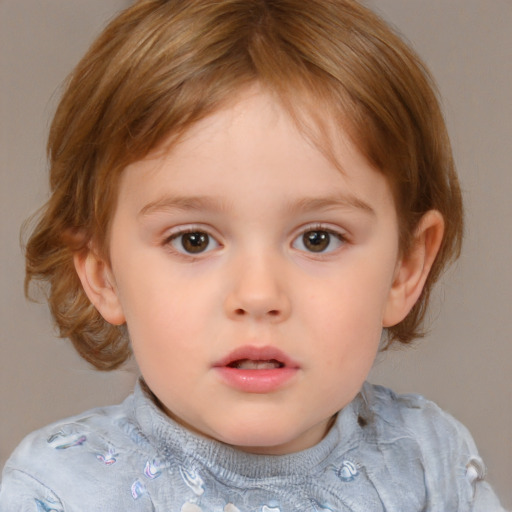 Neutral white child female with medium  brown hair and blue eyes