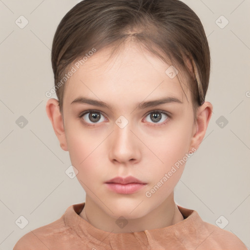 Neutral white young-adult female with short  brown hair and brown eyes