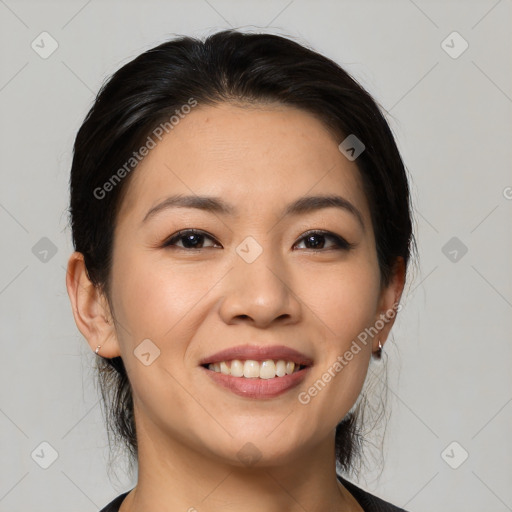 Joyful white young-adult female with medium  brown hair and brown eyes