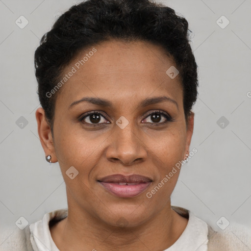 Joyful black adult female with short  brown hair and brown eyes