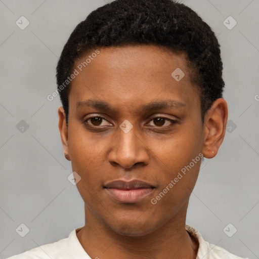 Joyful black young-adult male with short  brown hair and brown eyes