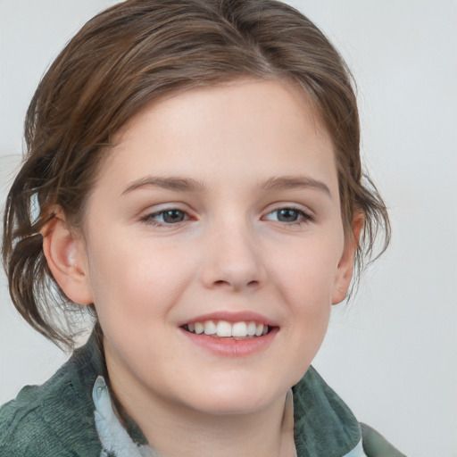 Joyful white child female with medium  brown hair and blue eyes