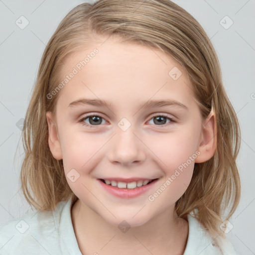 Joyful white child female with medium  brown hair and grey eyes