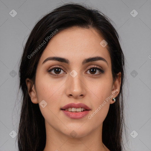 Joyful white young-adult female with long  brown hair and brown eyes