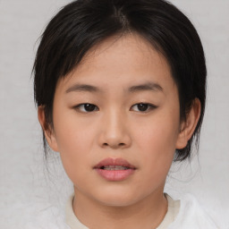 Neutral asian young-adult female with medium  brown hair and brown eyes