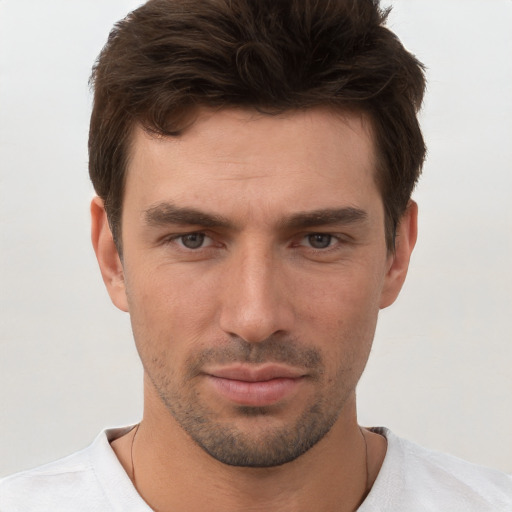 Neutral white young-adult male with short  brown hair and brown eyes