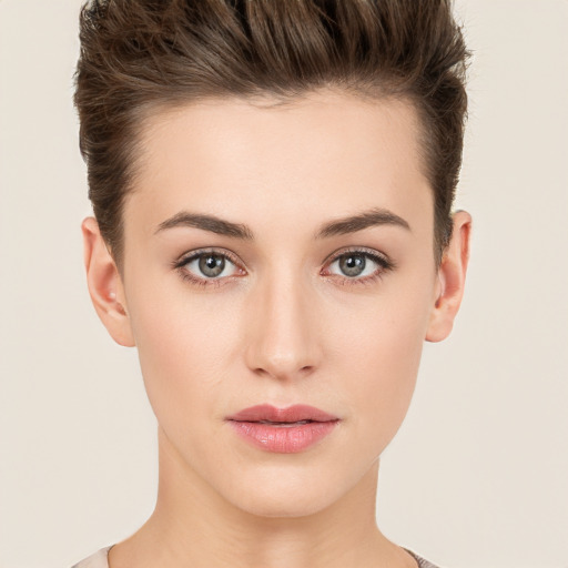 Neutral white young-adult female with short  brown hair and brown eyes