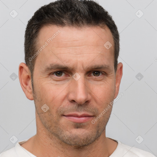 Neutral white adult male with short  brown hair and brown eyes