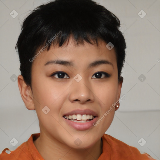 Joyful asian young-adult female with short  brown hair and brown eyes