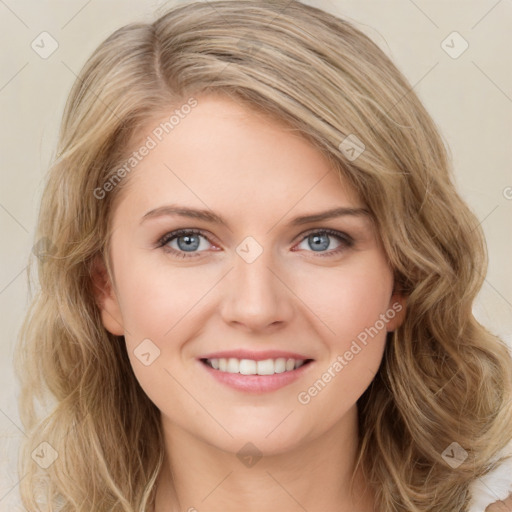 Joyful white young-adult female with medium  brown hair and blue eyes