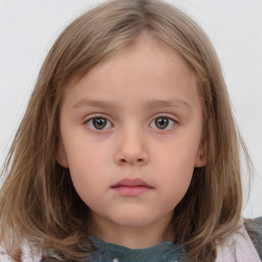 Neutral white child female with medium  brown hair and blue eyes