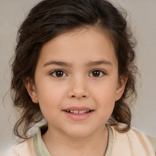 Joyful white child female with medium  brown hair and brown eyes