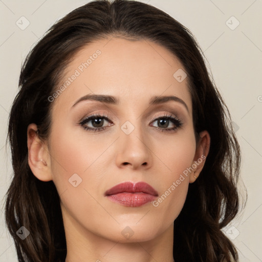 Neutral white young-adult female with long  brown hair and brown eyes