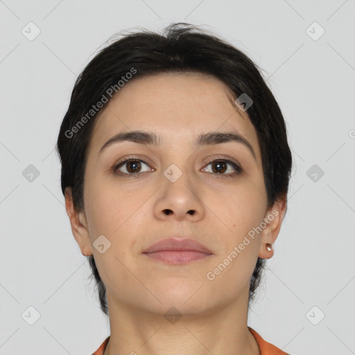 Neutral asian young-adult female with short  brown hair and brown eyes