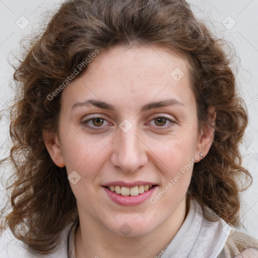 Joyful white young-adult female with medium  brown hair and green eyes