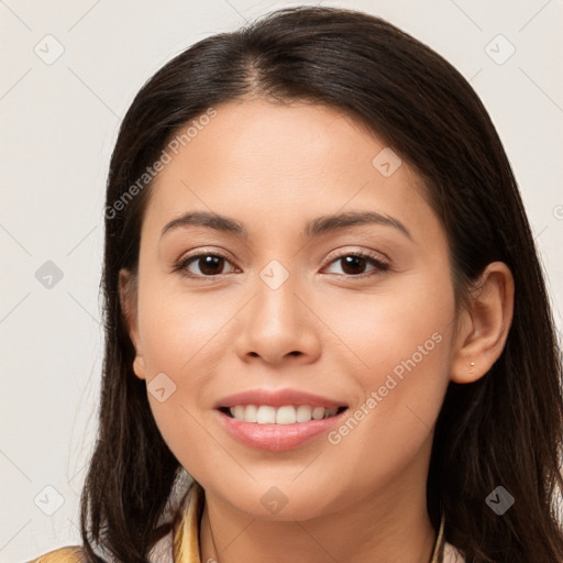 Joyful white young-adult female with long  brown hair and brown eyes