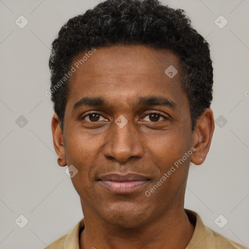 Joyful black adult male with short  black hair and brown eyes