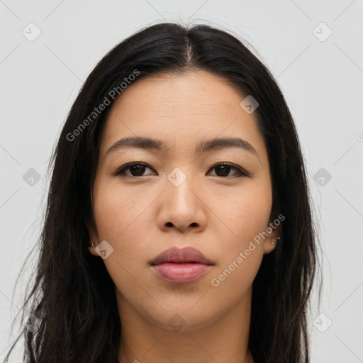 Neutral asian young-adult female with long  brown hair and brown eyes