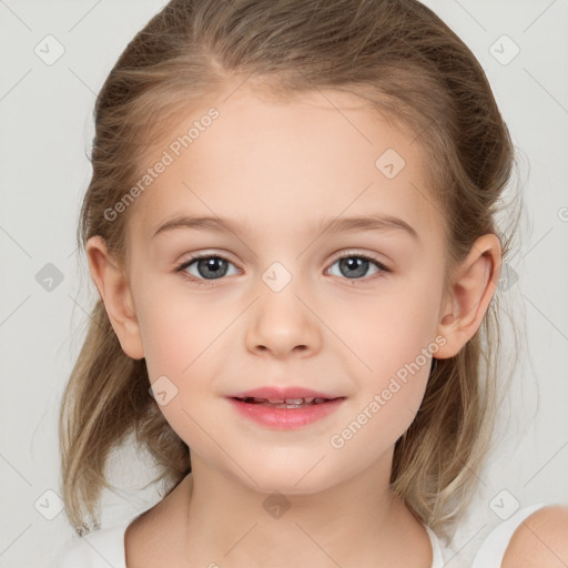 Joyful white child female with medium  brown hair and brown eyes