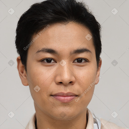 Joyful asian young-adult female with short  brown hair and brown eyes