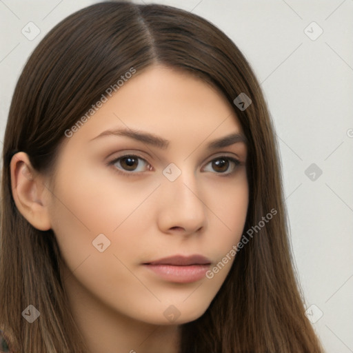 Neutral white young-adult female with long  brown hair and brown eyes