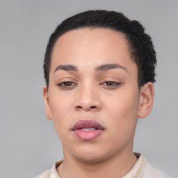 Neutral white young-adult female with short  brown hair and brown eyes