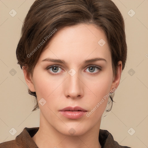 Neutral white young-adult female with short  brown hair and brown eyes