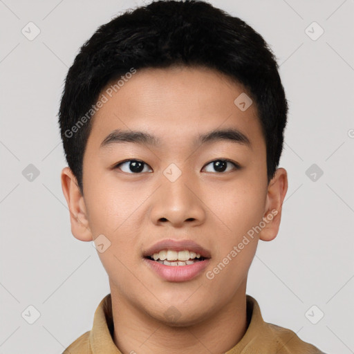 Joyful asian young-adult male with short  black hair and brown eyes