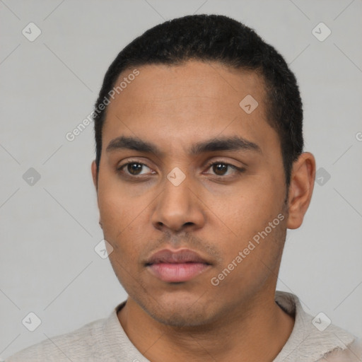 Neutral latino young-adult male with short  black hair and brown eyes