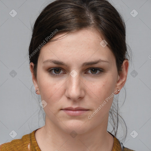 Neutral white young-adult female with medium  brown hair and grey eyes