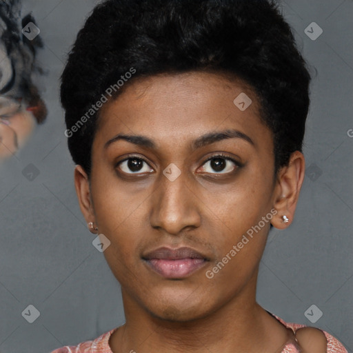 Neutral latino young-adult female with short  brown hair and brown eyes