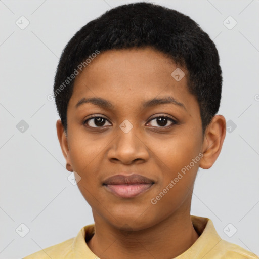 Joyful black young-adult female with short  black hair and brown eyes