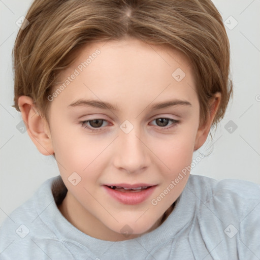 Joyful white child female with short  brown hair and brown eyes