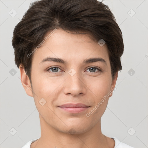 Joyful white young-adult female with short  brown hair and brown eyes