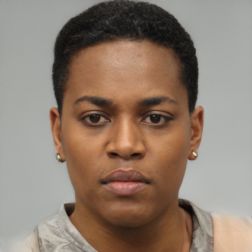 Neutral black young-adult female with short  brown hair and brown eyes