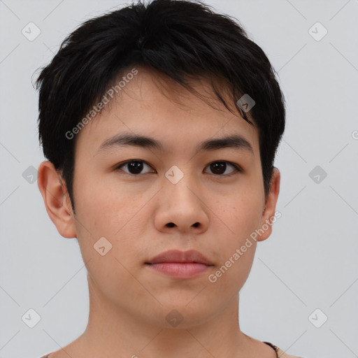 Neutral asian young-adult male with short  brown hair and brown eyes