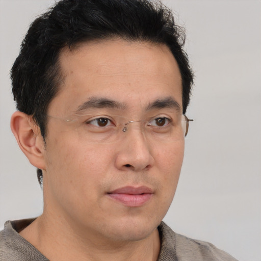 Neutral asian young-adult male with short  brown hair and brown eyes