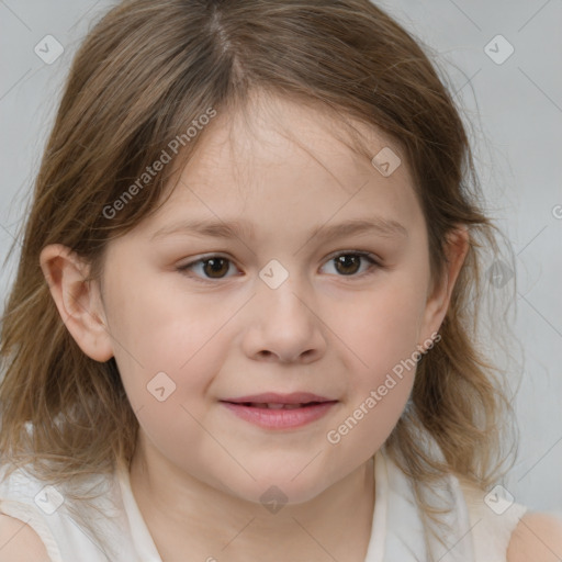 Joyful white child female with medium  brown hair and brown eyes