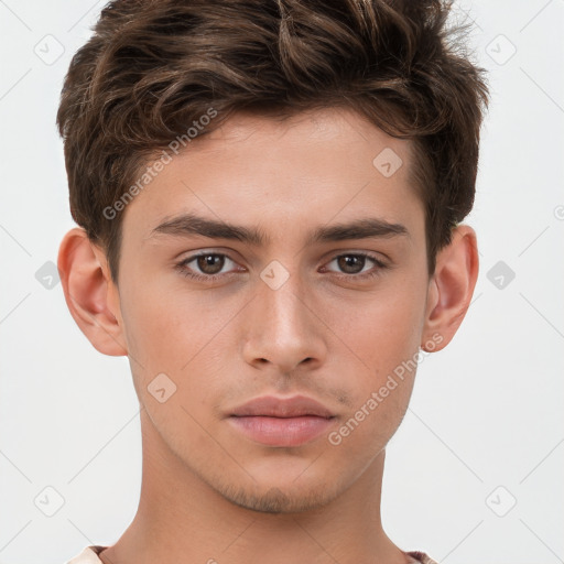 Neutral white young-adult male with short  brown hair and brown eyes