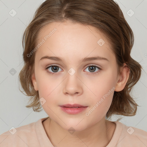 Neutral white child female with medium  brown hair and grey eyes