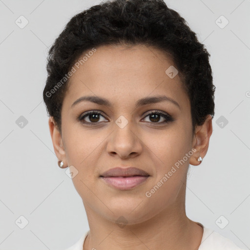 Joyful latino young-adult female with short  brown hair and brown eyes