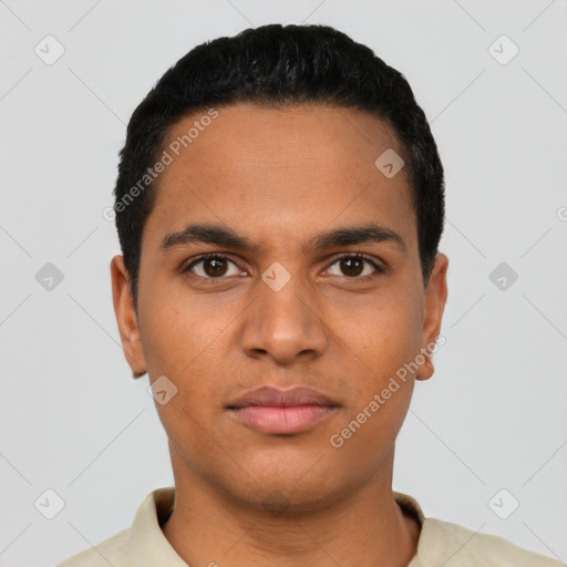 Neutral latino young-adult male with short  black hair and brown eyes