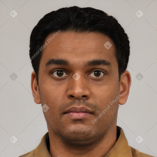 Neutral latino young-adult male with short  black hair and brown eyes