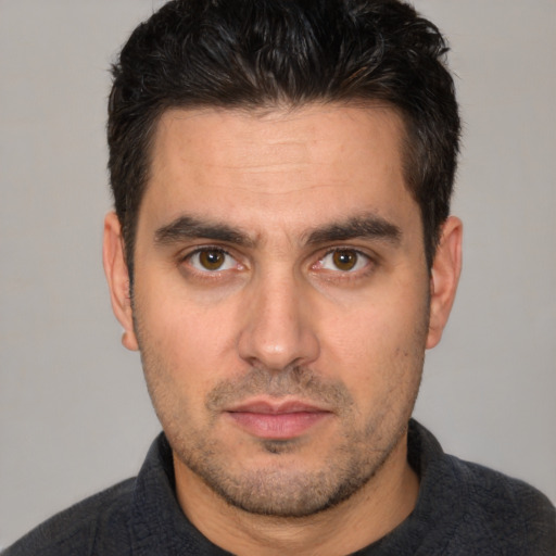 Neutral white adult male with short  brown hair and brown eyes