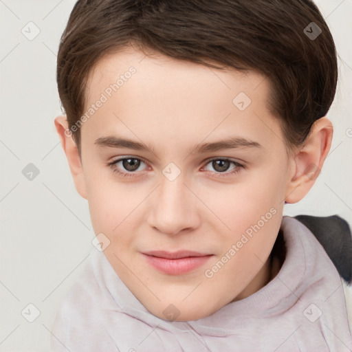 Joyful white child female with short  brown hair and brown eyes